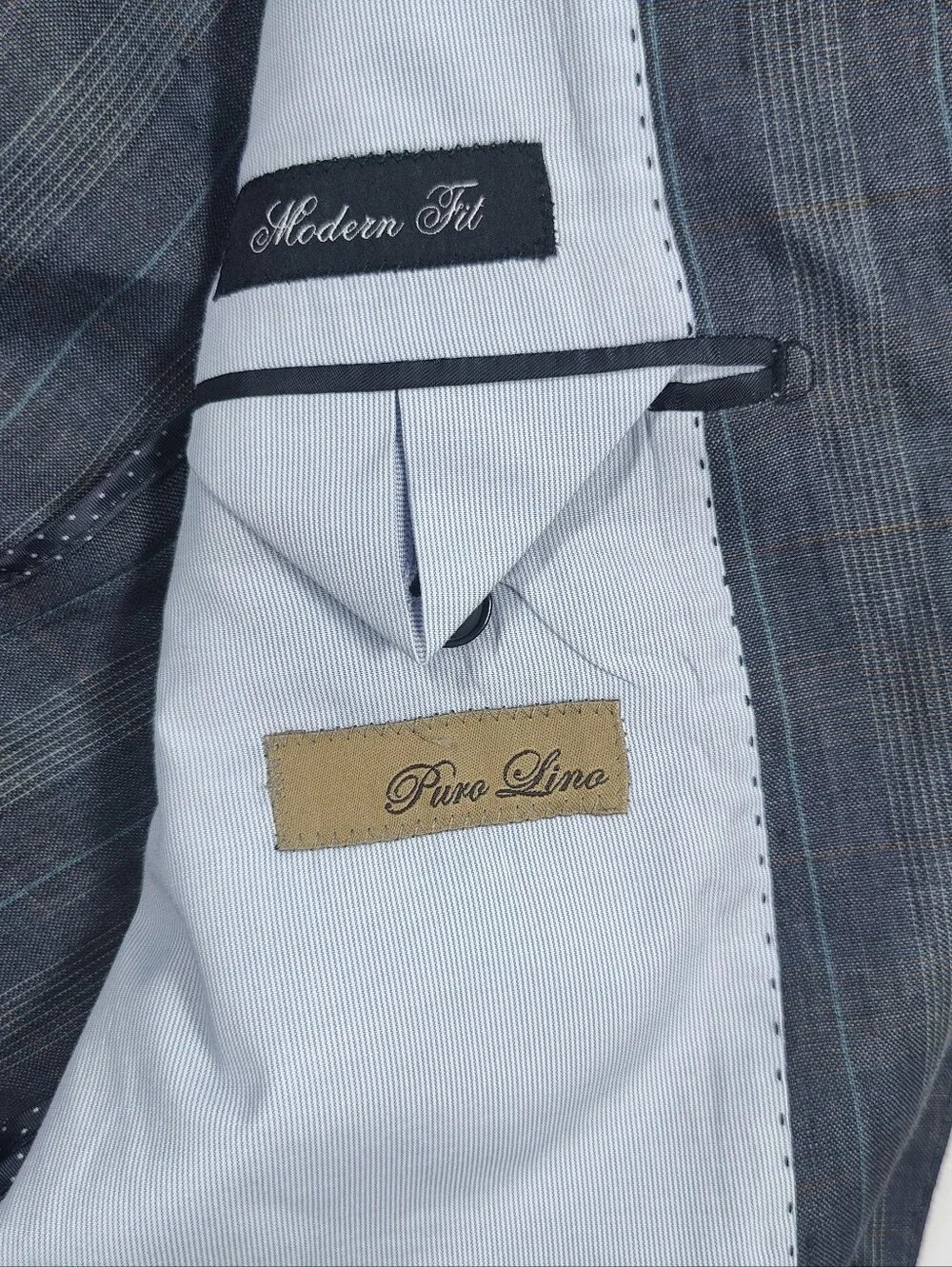 Bianco Brioni Mens Blue Grey 100% Linen Plaid Blazer Size 40R Made In Italy